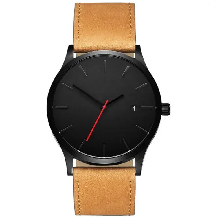 Men's Black Dial Quartz Watch with Tan Belt - Image 8