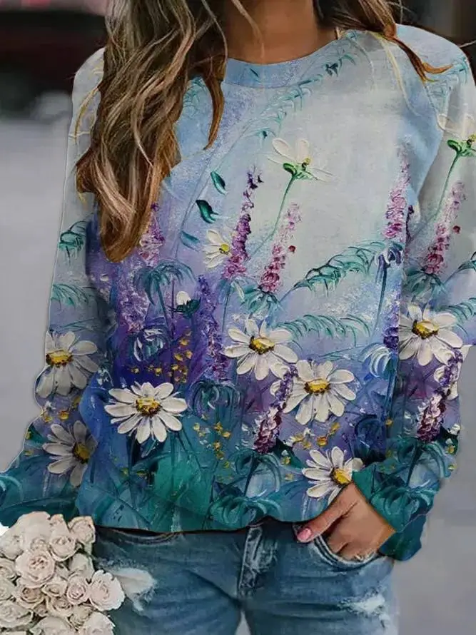 2022 3D Flower Crewneck Sweater Purple - Image 3