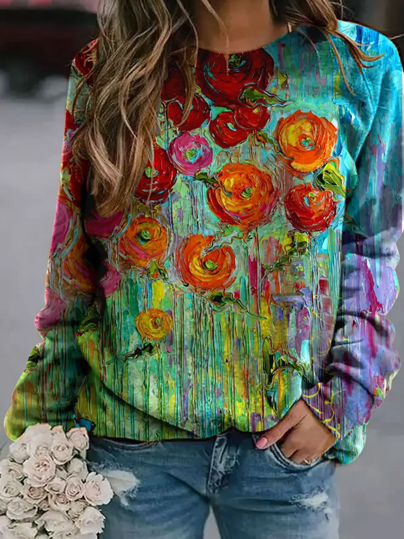 2022 3D Flower Crewneck Sweater Purple - Image 10