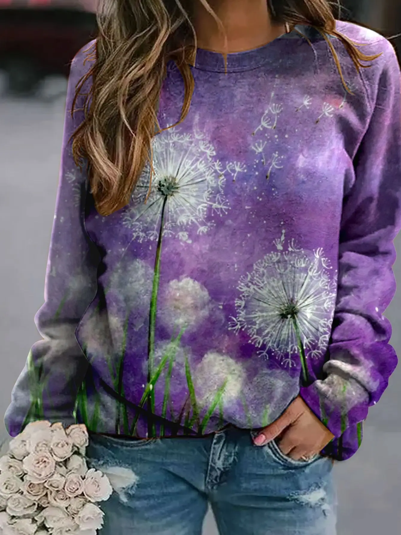 2022 3D Flower Crewneck Sweater Purple - Image 11