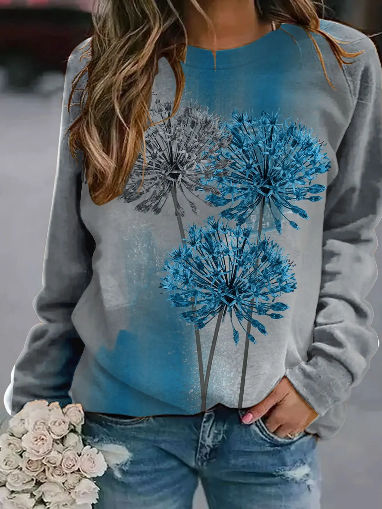 2022 3D Flower Crewneck Sweater Purple - Image 12