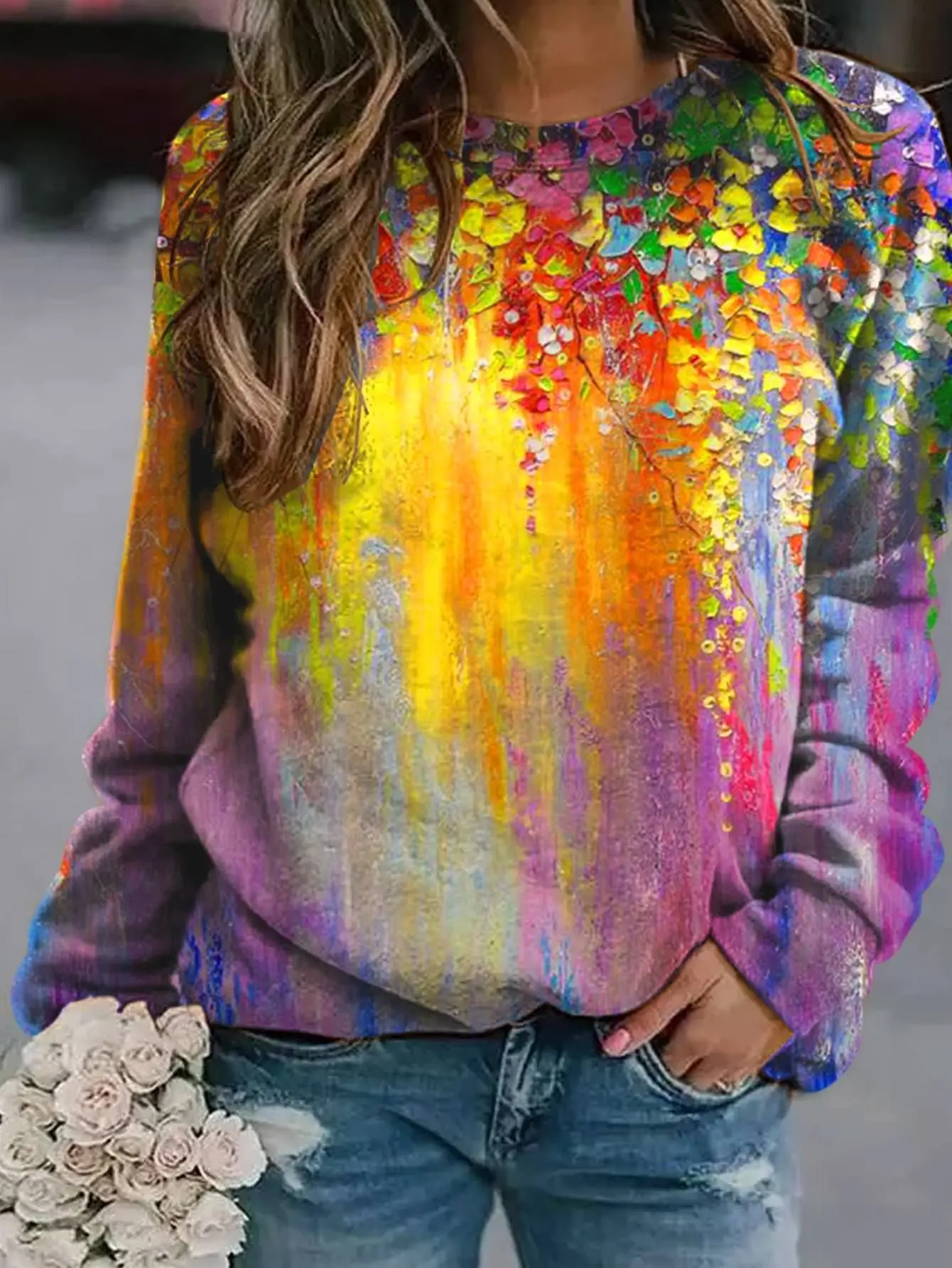 2022 3D Flower Crewneck Sweater Purple - Image 6