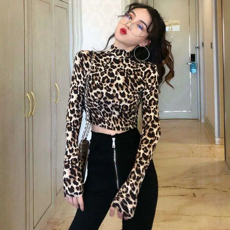 Women Leopard Print High Collar Top Short Sleeve - Image 4