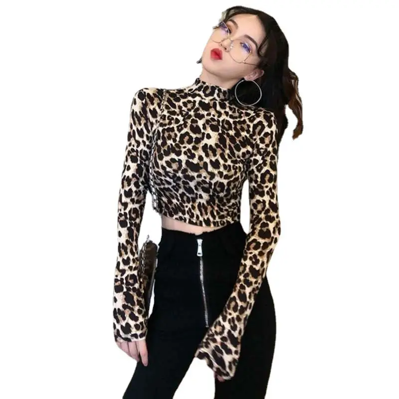 Women Leopard Print High Collar Top Short Sleeve - Image 7