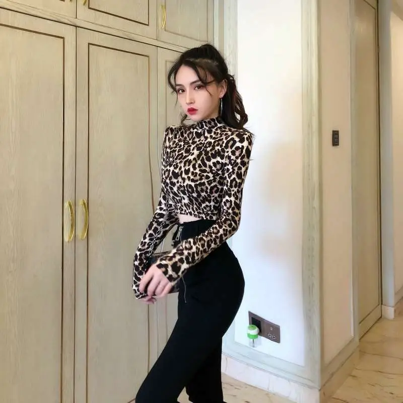 Women Leopard Print High Collar Top Short Sleeve — feature 11