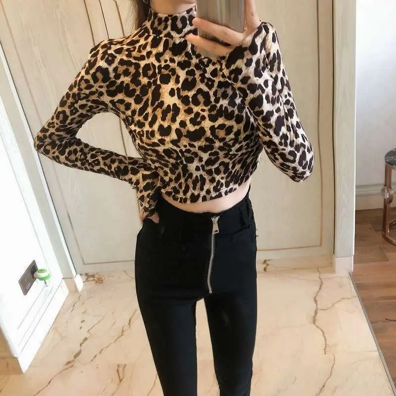Women Leopard Print High Collar Top Short Sleeve — feature 12