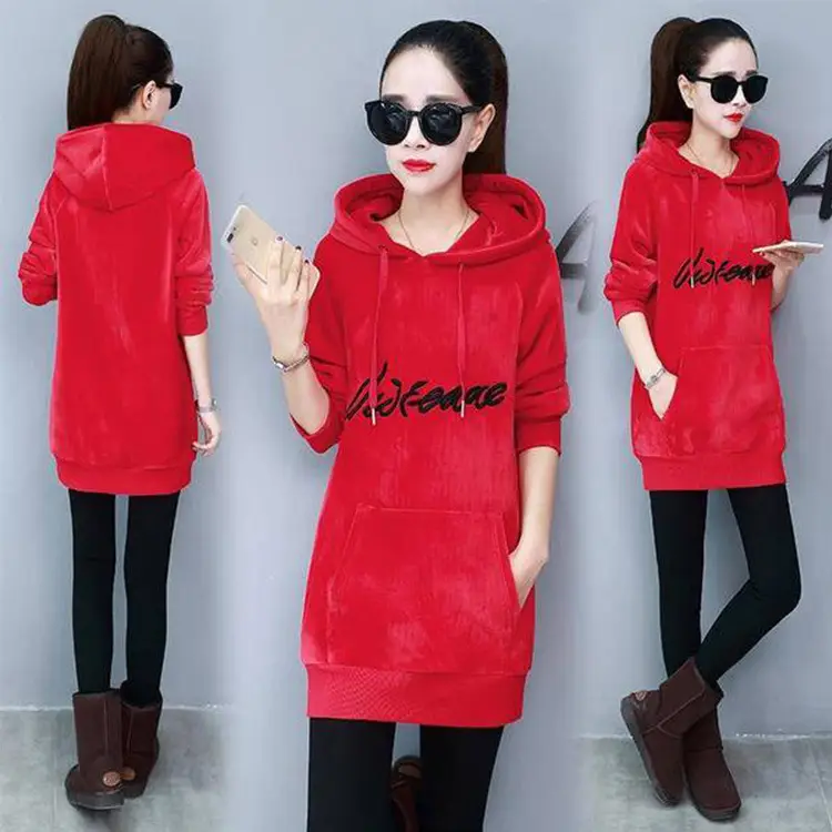 Women Black Hooded Fleece Sweatshirt Mid-Length Loose Winter - Image 5