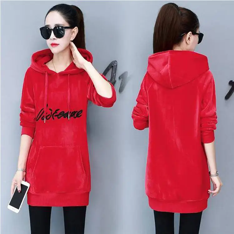 Women Black Hooded Fleece Sweatshirt Mid-Length Loose Winter - Image 6