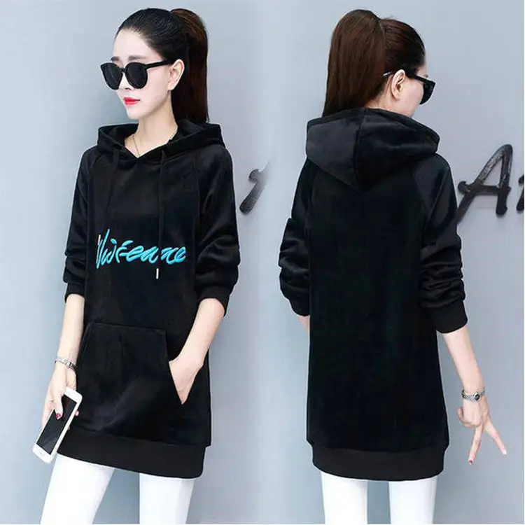 Women Black Hooded Fleece Sweatshirt Mid-Length Loose Winter - Image 7