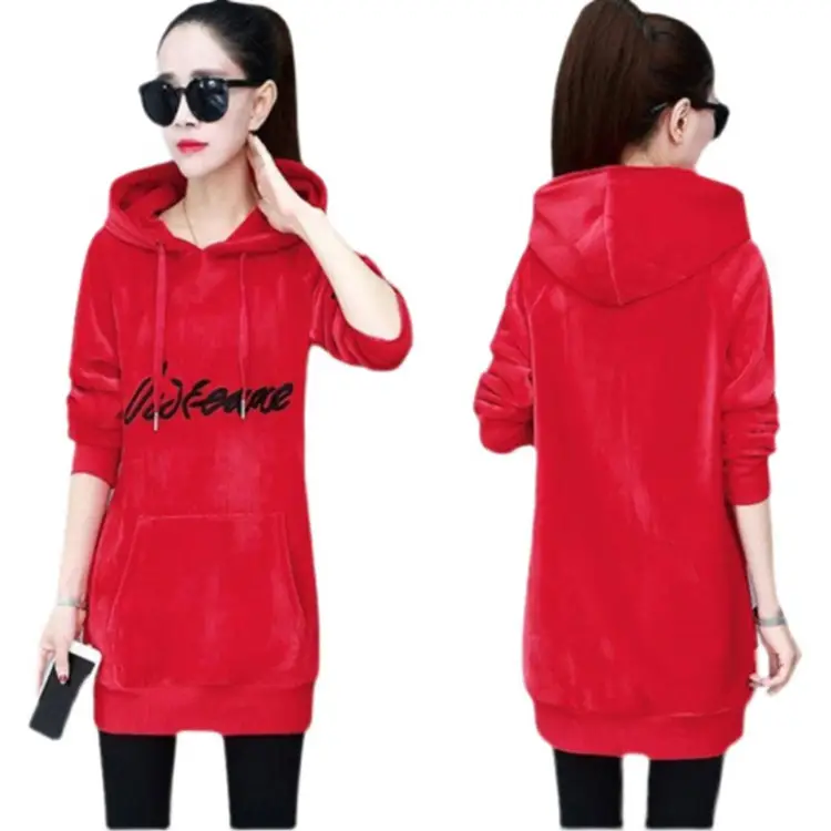 Women Black Hooded Fleece Sweatshirt Mid-Length Loose Winter - Image 8