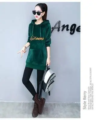 Women Black Hooded Fleece Sweatshirt Mid-Length Loose Winter - Image 2