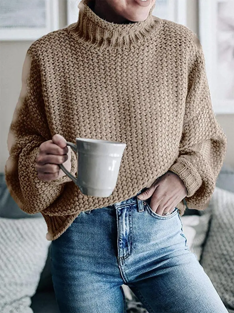 Maroon Knit Sweater High Collar Elegant Commuter Style - Image 23