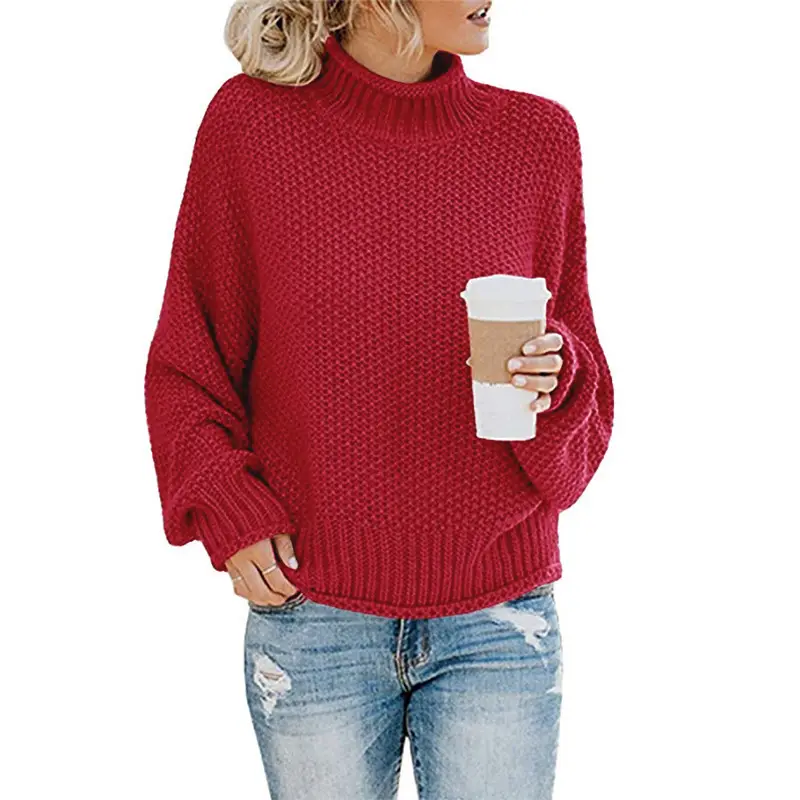 Maroon Knit Sweater High Collar Elegant Commuter Style - Image 12
