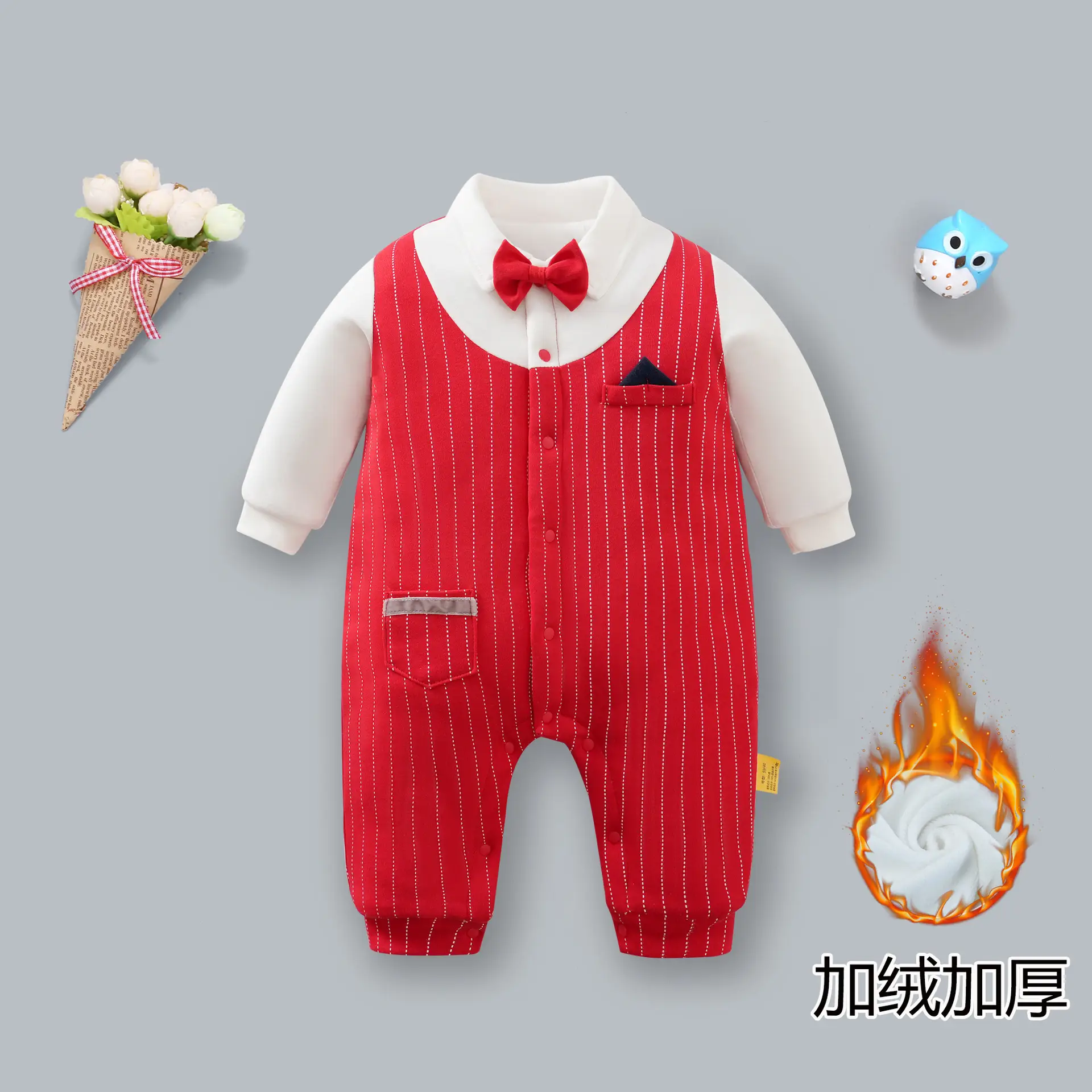 Newborn Baby Cotton Suit Navy Blue with Red Bow - Image 3