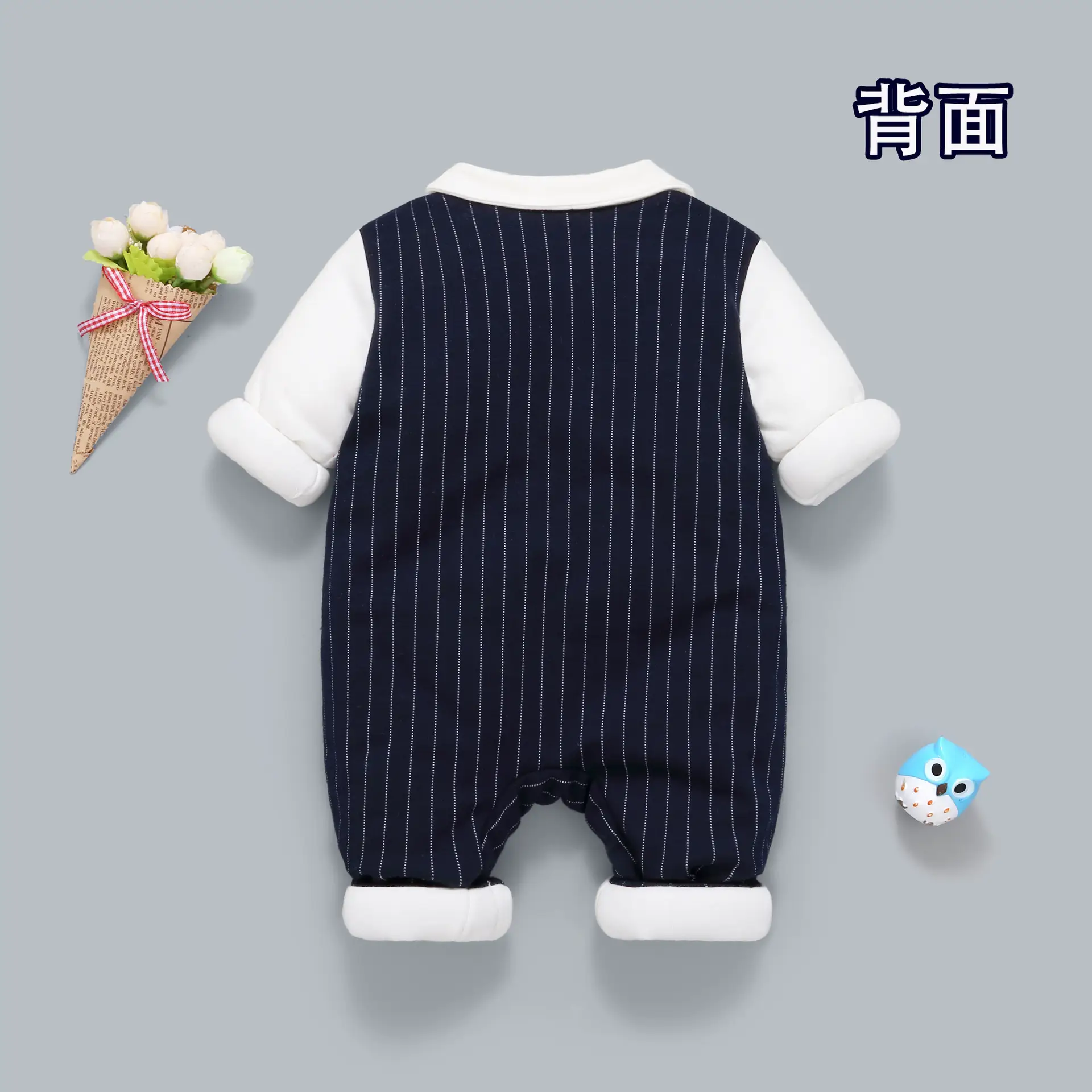 Newborn Baby Cotton Suit Navy Blue with Red Bow - Image 4