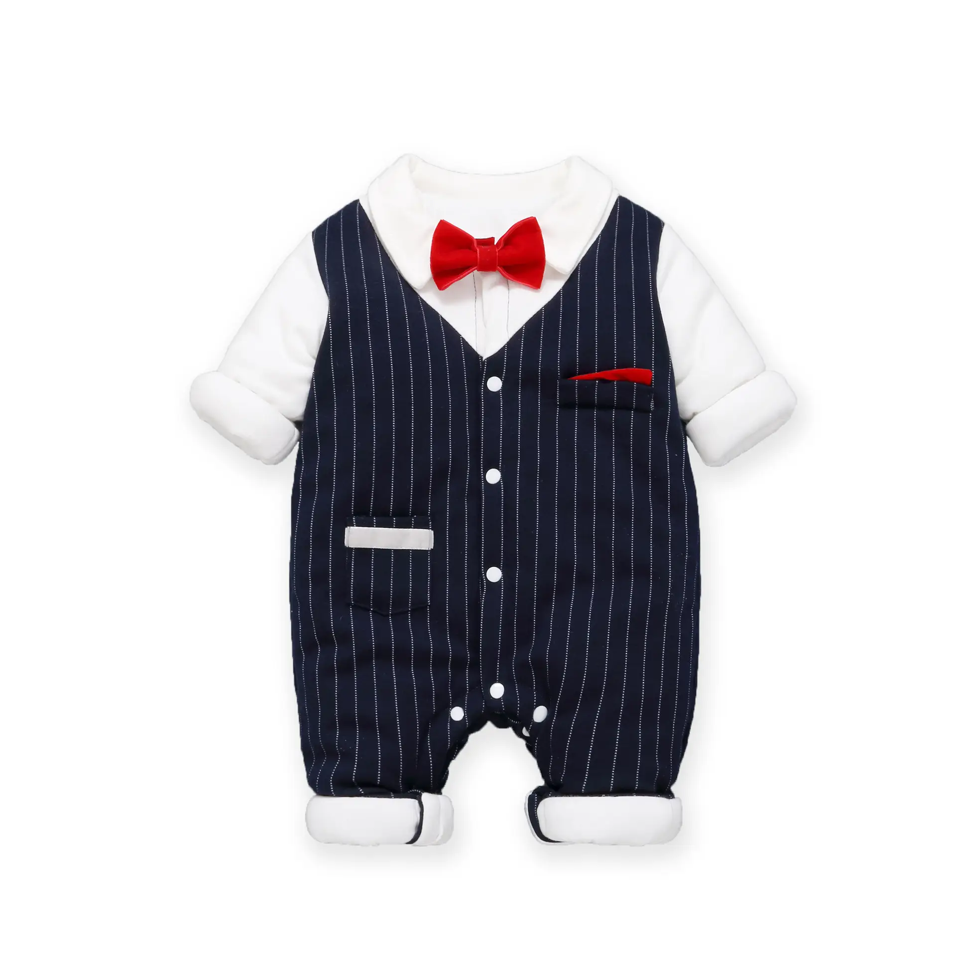 Newborn Baby Cotton Suit Navy Blue with Red Bow - Image 6