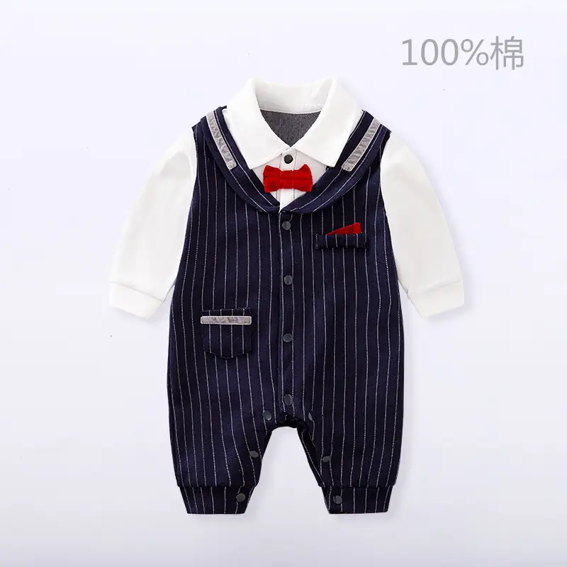 Newborn Baby Cotton Suit Navy Blue with Red Bow - Image 2