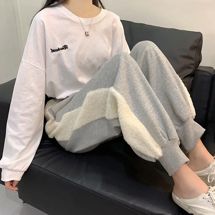 Grey Fleece Lined Women's Loose Straight Leg Pants