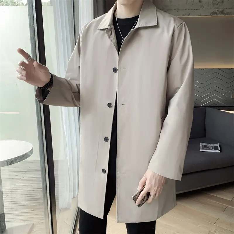 Men's Beige Lapel Trench Coat Mid-Length Loose Autumn Wear - Image 14
