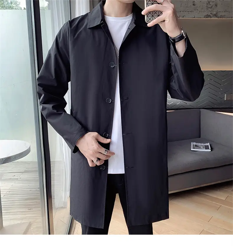 Men's Beige Lapel Trench Coat Mid-Length Loose Autumn Wear — feature 1