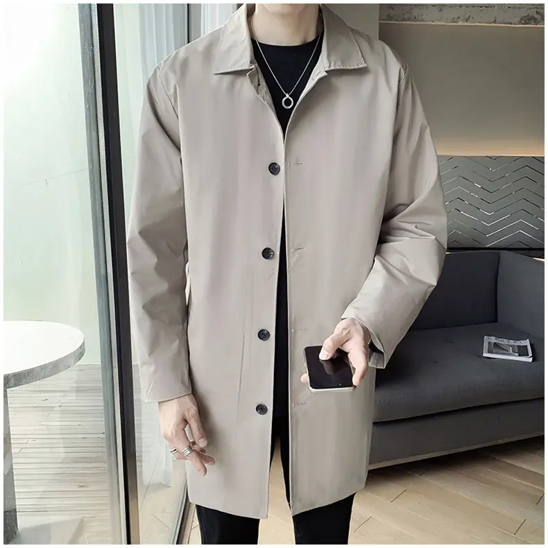 Men's Beige Lapel Trench Coat Mid-Length Loose Autumn Wear — feature 10