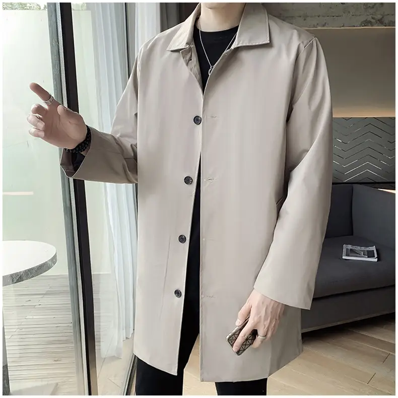 Men's Beige Lapel Trench Coat Mid-Length Loose Autumn Wear — feature 11