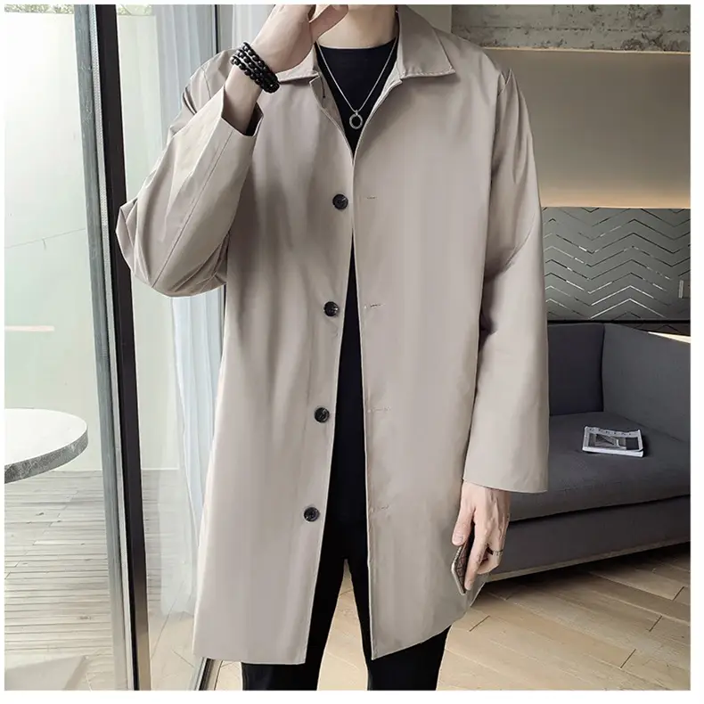 Men's Beige Lapel Trench Coat Mid-Length Loose Autumn Wear — feature 12