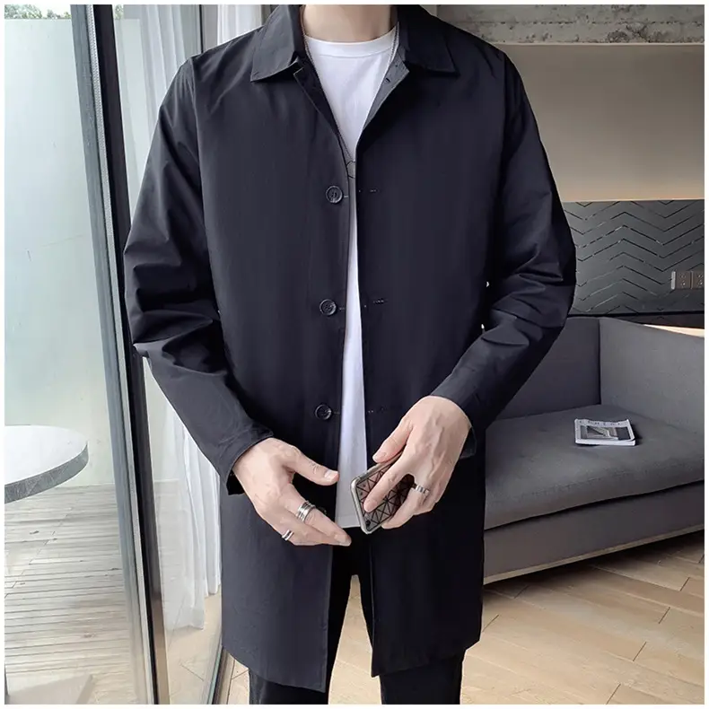 Men's Beige Lapel Trench Coat Mid-Length Loose Autumn Wear — feature 5