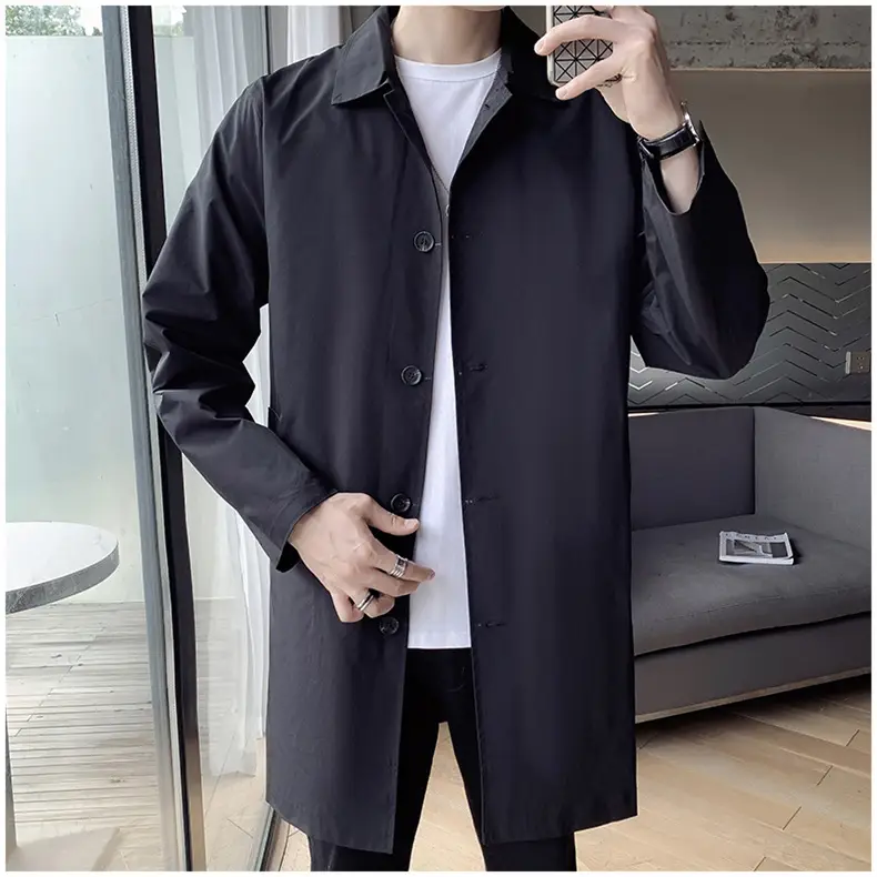 Men's Beige Lapel Trench Coat Mid-Length Loose Autumn Wear — feature 7