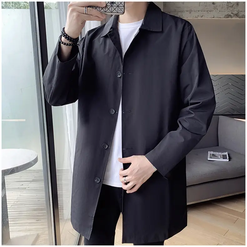 Men's Beige Lapel Trench Coat Mid-Length Loose Autumn Wear — feature 8