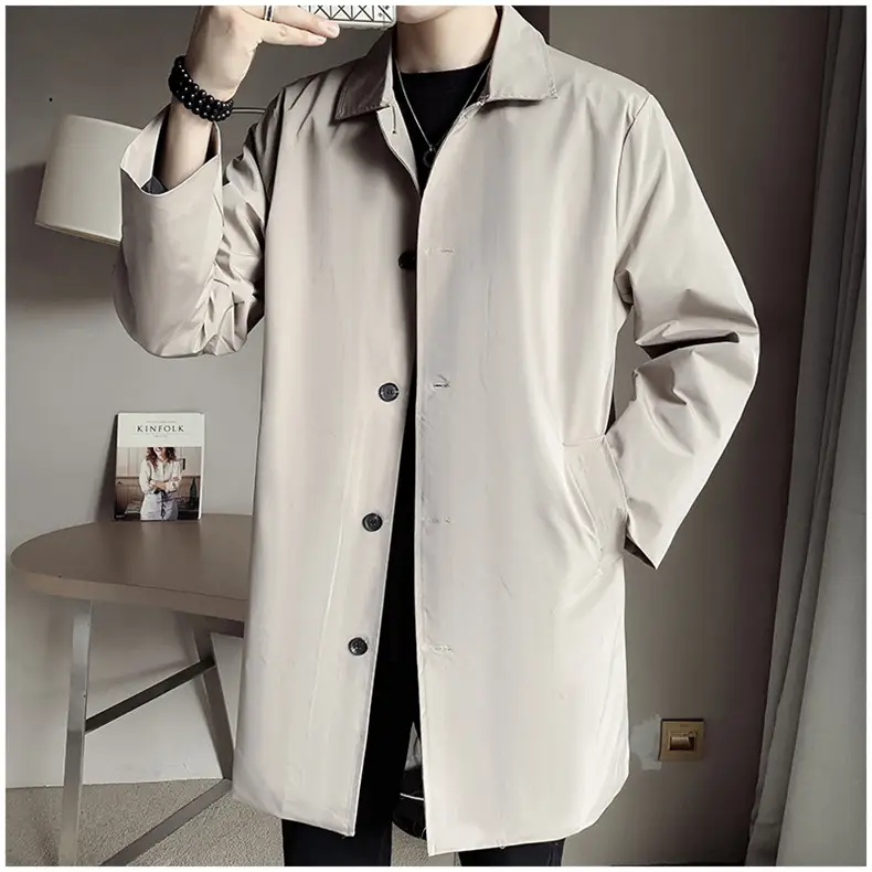Men's Beige Lapel Trench Coat Mid-Length Loose Autumn Wear — feature 9