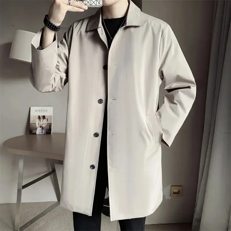 Men's Beige Lapel Trench Coat Mid-Length Loose Autumn Wear - Image 4