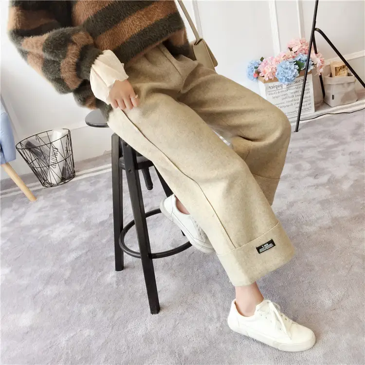 Women's Black Loose Wool Wide Leg Pants Winter Casual — feature 4