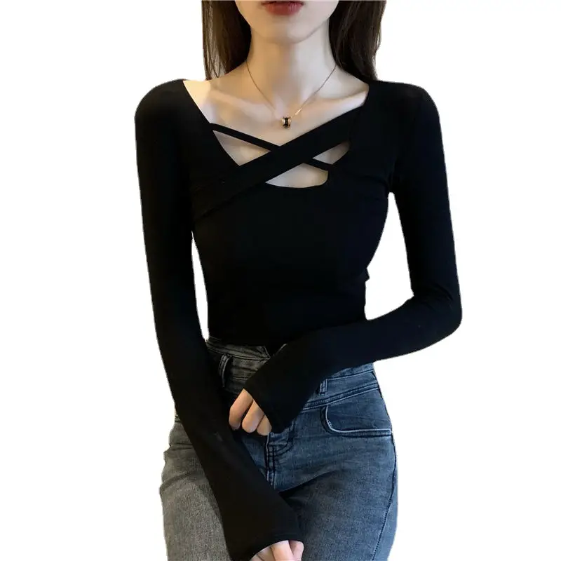 Women's Black Slim Fit Long Sleeve T-Shirt with Crossback Design - Image 7