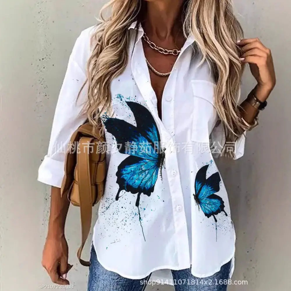 Women 2023 Cotton Printed Long Sleeve Shirt White Blue Floral - Image 16