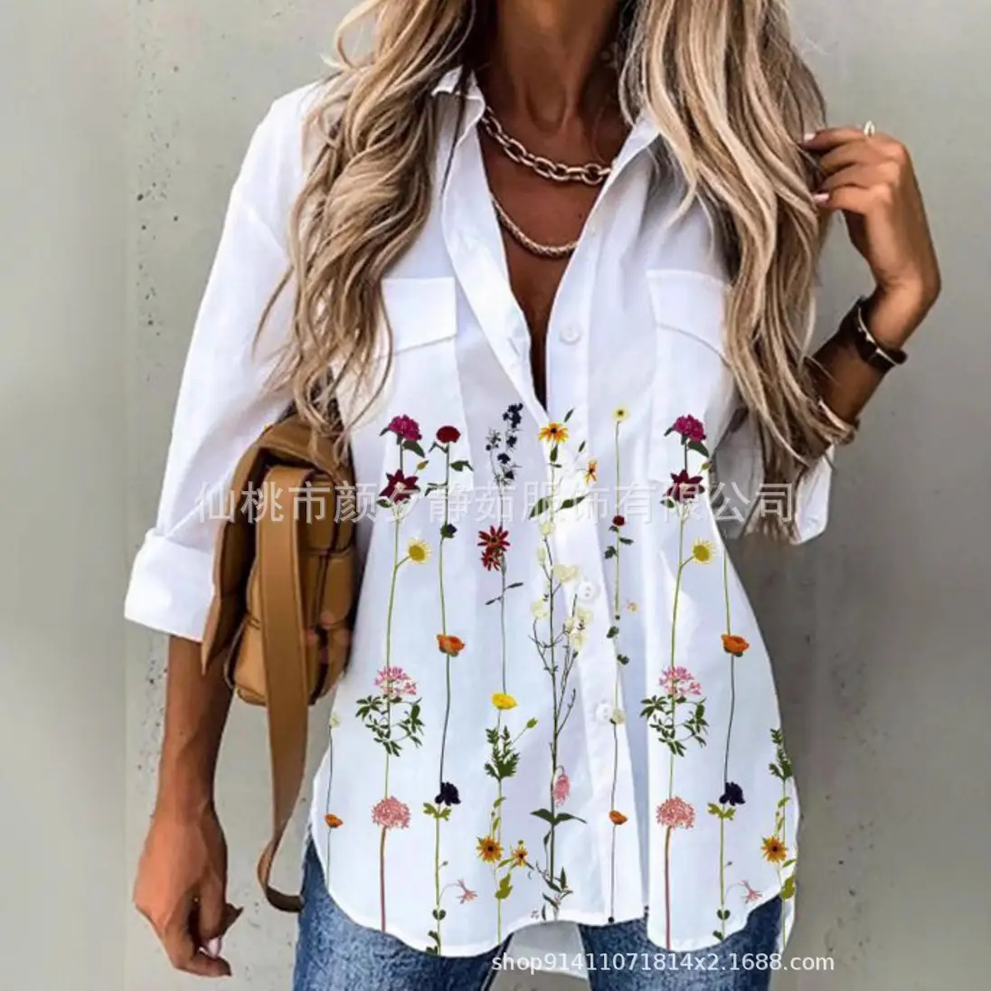 Women 2023 Cotton Printed Long Sleeve Shirt White Blue Floral - Image 17