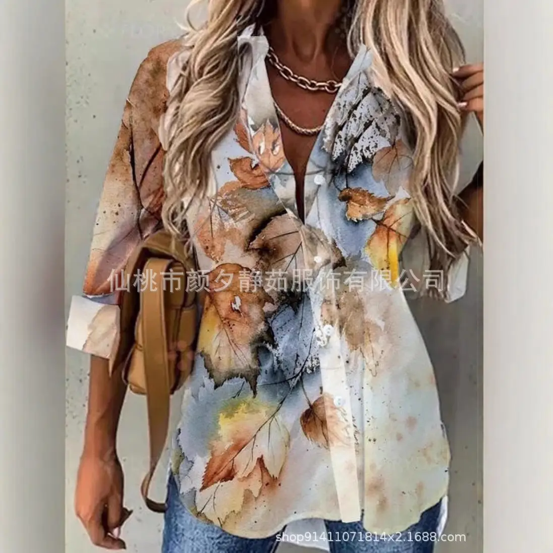 Women 2023 Cotton Printed Long Sleeve Shirt White Blue Floral - Image 18