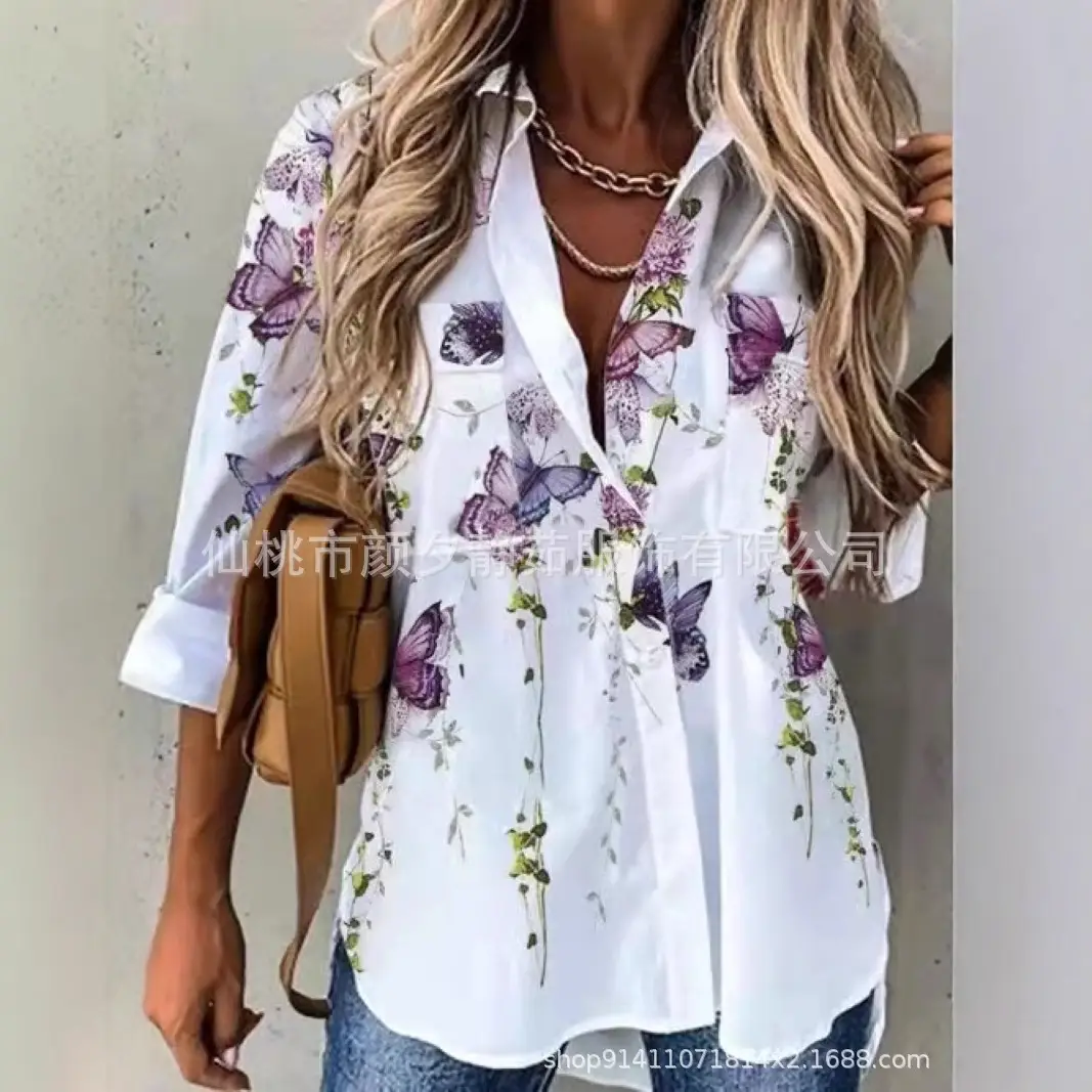 Women 2023 Cotton Printed Long Sleeve Shirt White Blue Floral - Image 19