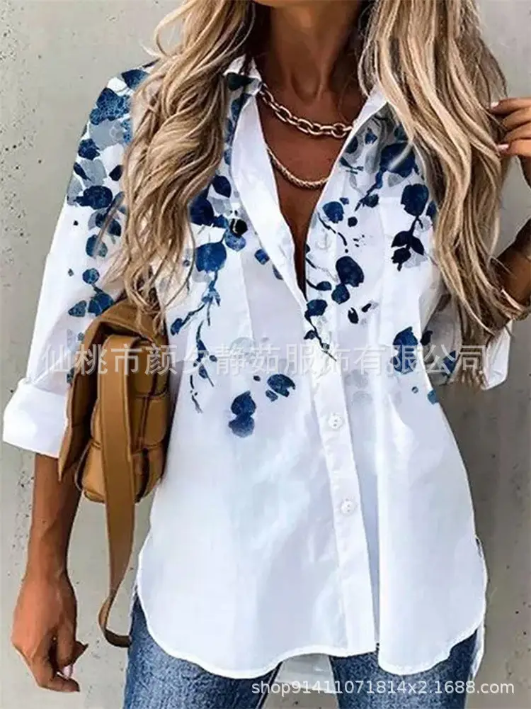 Women 2023 Cotton Printed Long Sleeve Shirt White Blue Floral - Image 10