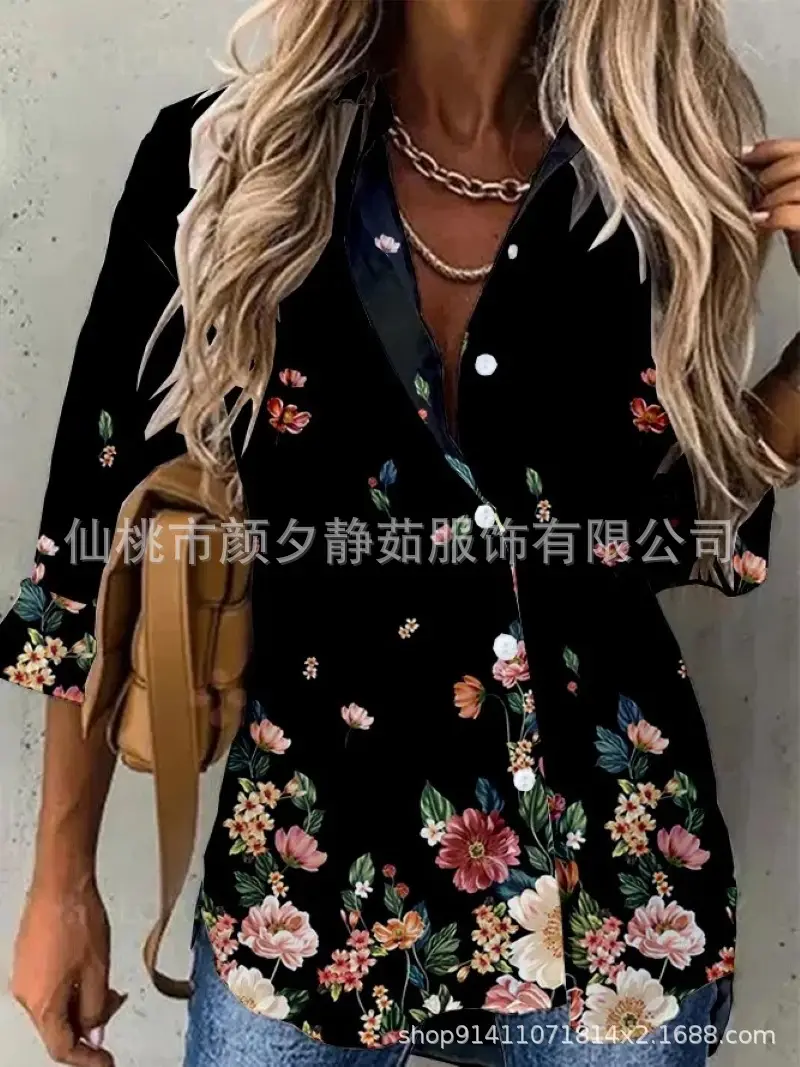 Women 2023 Cotton Printed Long Sleeve Shirt White Blue Floral - Image 11