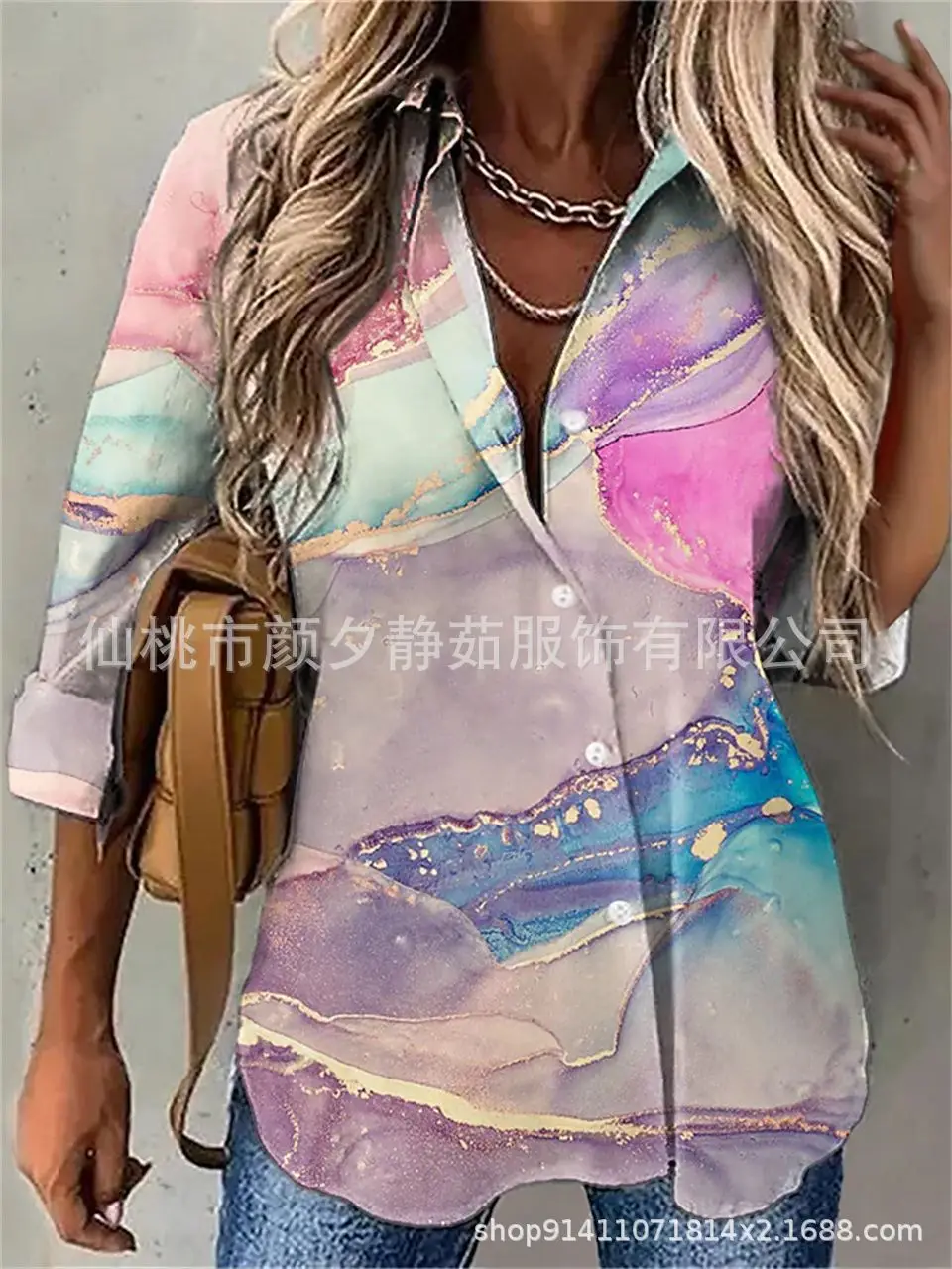 Women 2023 Cotton Printed Long Sleeve Shirt White Blue Floral - Image 12
