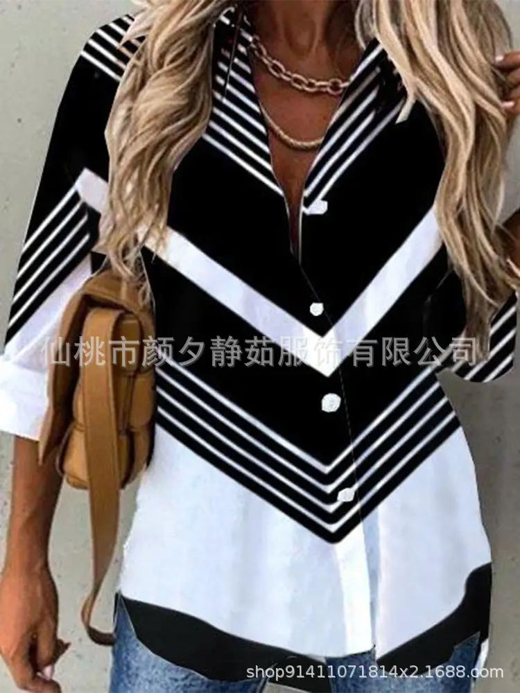 Women 2023 Cotton Printed Long Sleeve Shirt White Blue Floral - Image 13