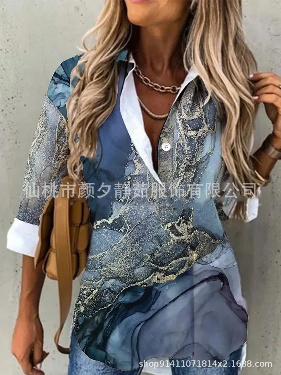 Women 2023 Cotton Printed Long Sleeve Shirt White Blue Floral - Image 14