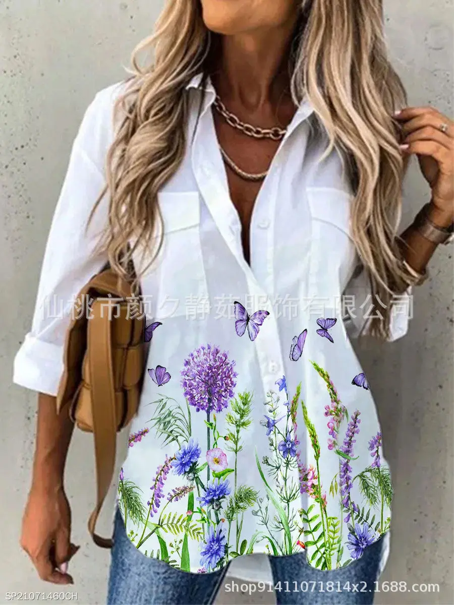 Women 2023 Cotton Printed Long Sleeve Shirt White Blue Floral - Image 2