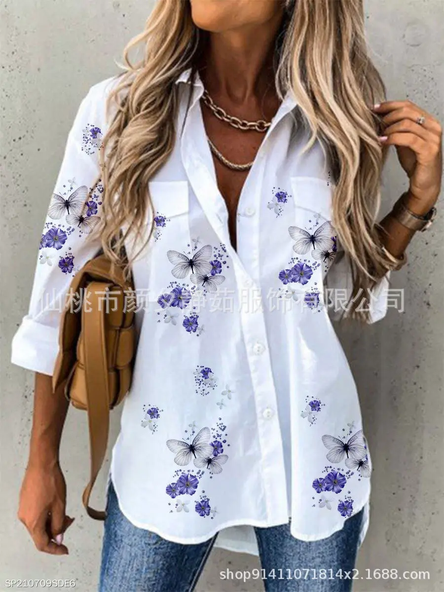 Women 2023 Cotton Printed Long Sleeve Shirt White Blue Floral - Image 3