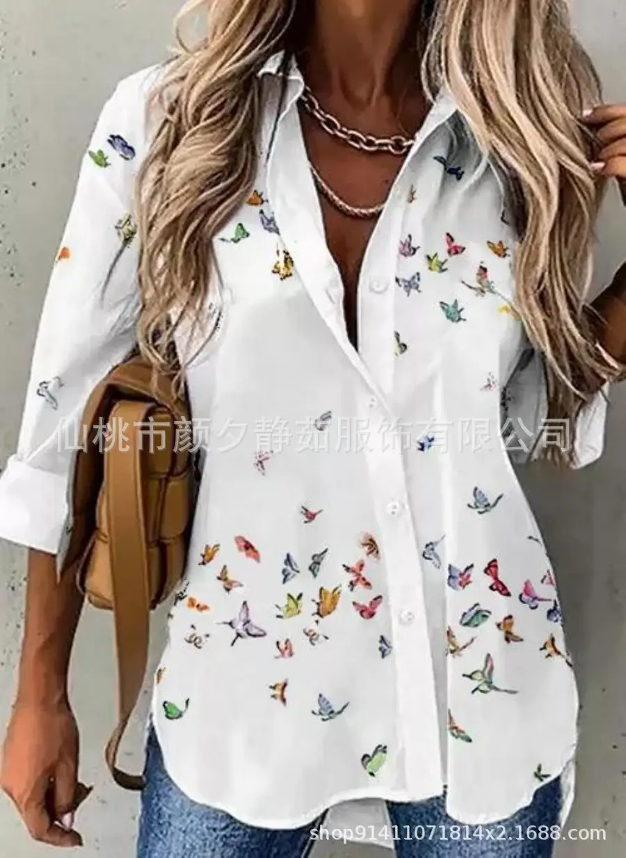 Women 2023 Cotton Printed Long Sleeve Shirt White Blue Floral - Image 4