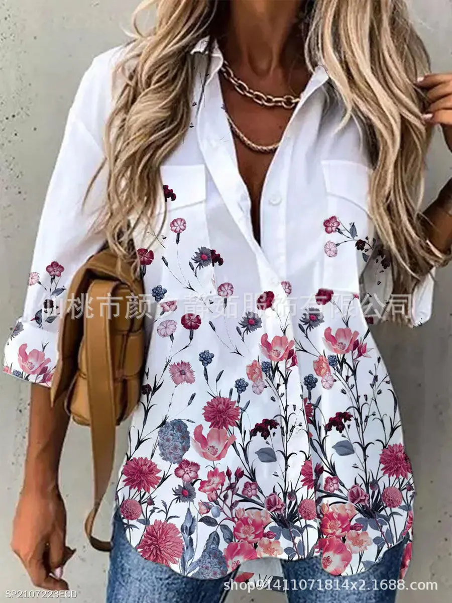 Women 2023 Cotton Printed Long Sleeve Shirt White Blue Floral - Image 5