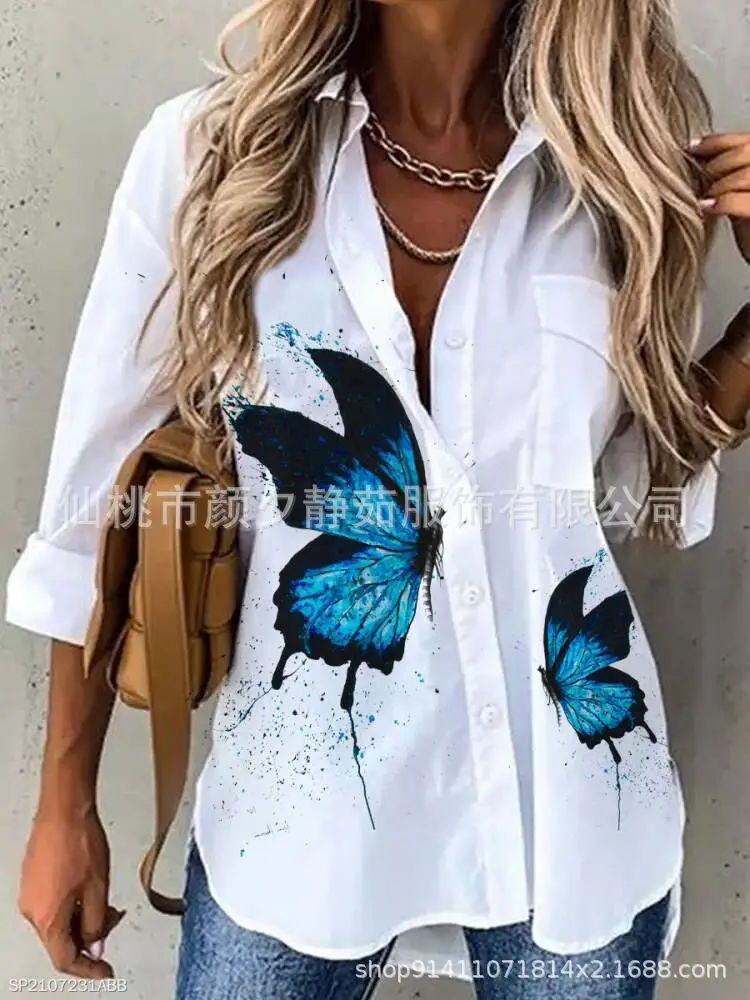 Women 2023 Cotton Printed Long Sleeve Shirt White Blue Floral - Image 6