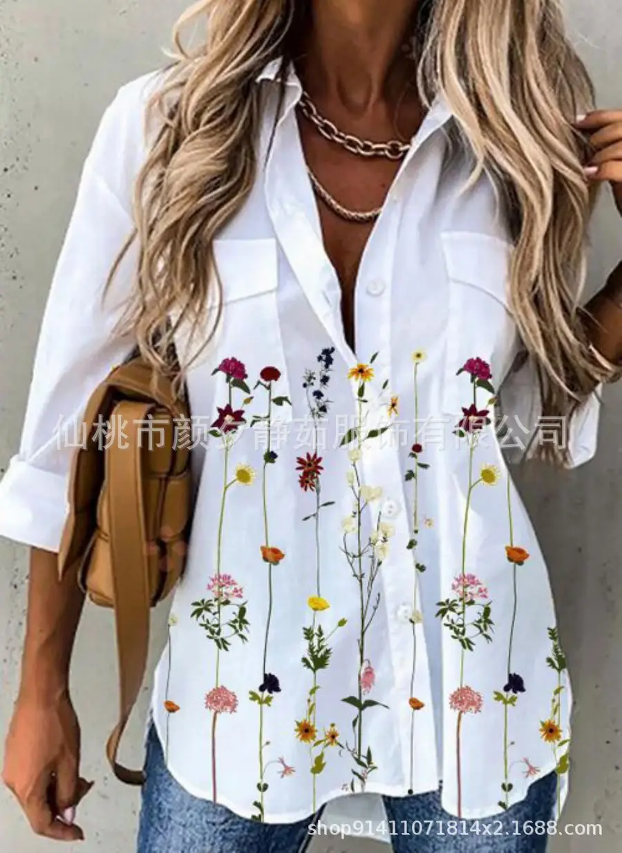 Women 2023 Cotton Printed Long Sleeve Shirt White Blue Floral - Image 7