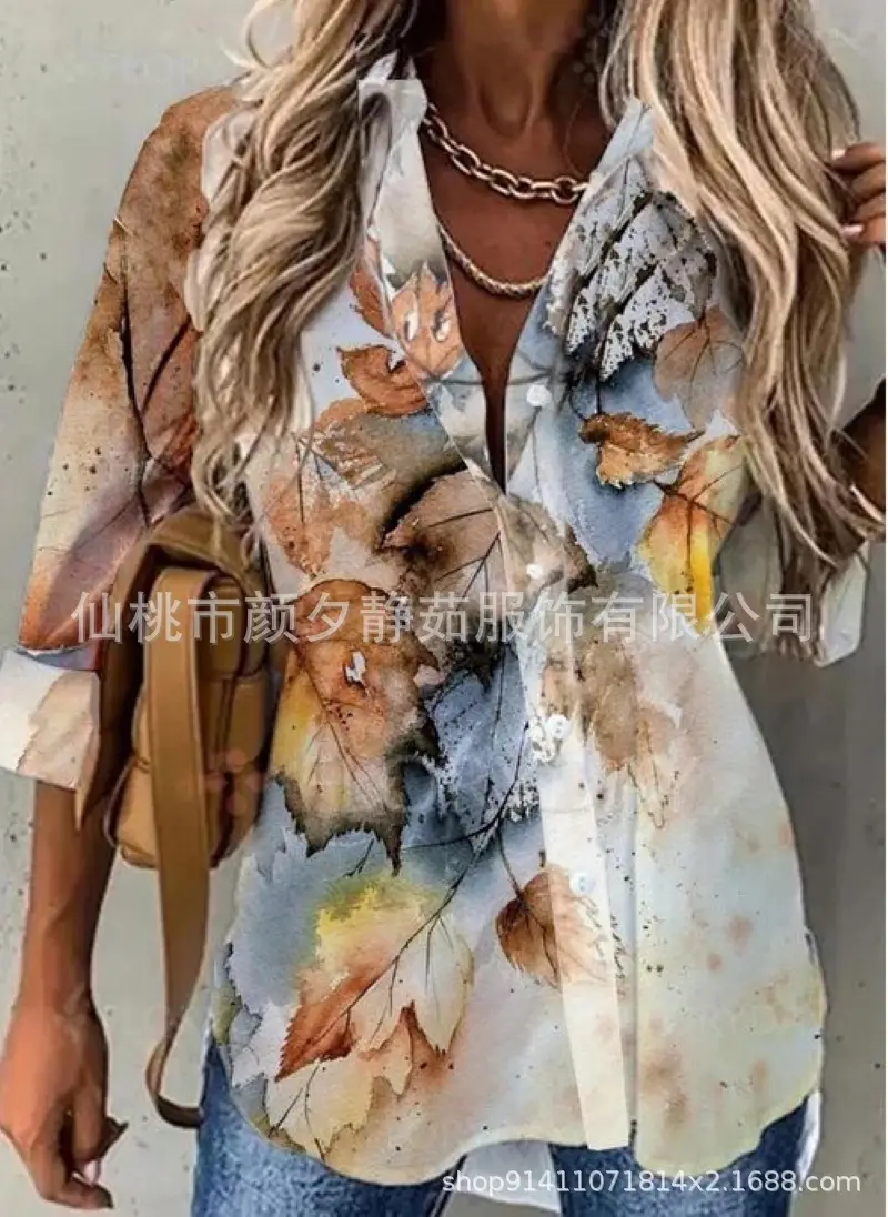 Women 2023 Cotton Printed Long Sleeve Shirt White Blue Floral - Image 8
